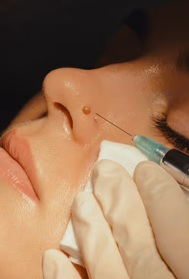 Close-up of a person receiving a skin treatment where a needle is inserted near a mole on the nose while a gloved hand holds a cotton pad.