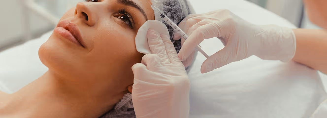 Woman receiving a cosmetic injection near her eye from a gloved professional in a clinical setting.