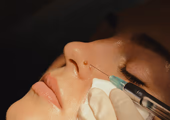 Close-up of a person receiving a facial injection near the nose with a gloved hand holding a cotton pad.
