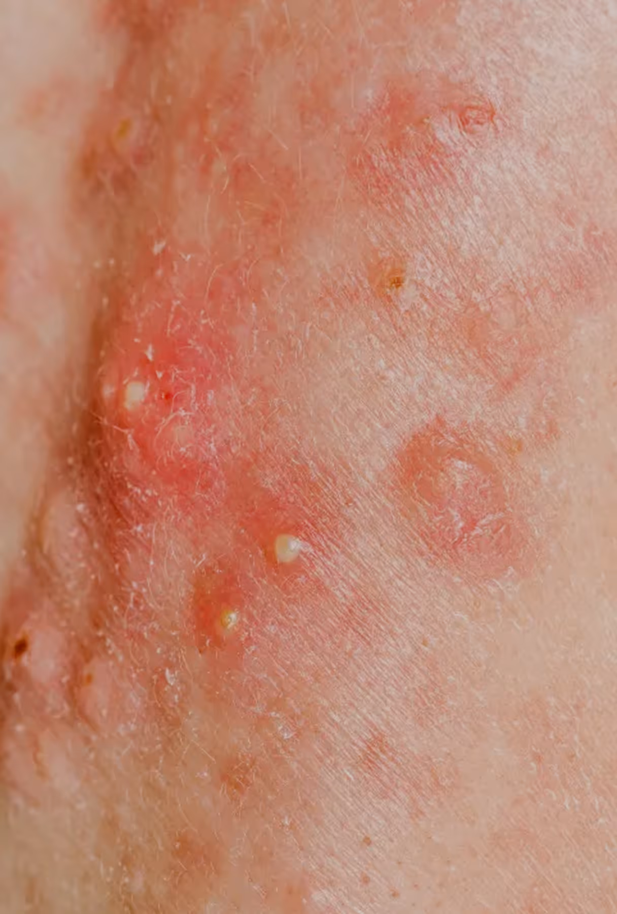 Close-up of red inflamed skin with pus-filled acne lesions and irritation.