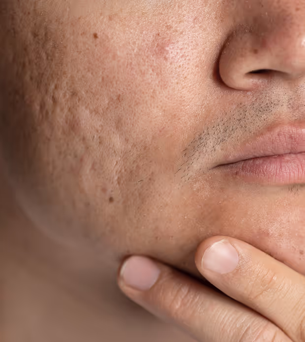Close-up of a person's face with visible acne scars on the cheek and hand touching the chin.
