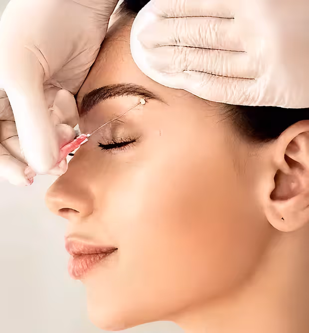 Close-up of a woman's face receiving a cosmetic eyebrow injection from a gloved professional.