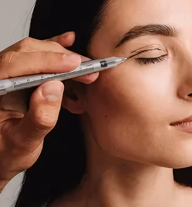 Close-up of a person applying eyeliner to a woman's closed eyelid with a silver eyeliner pen.