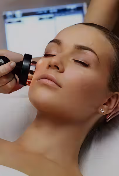 Woman receiving facial treatment with a handheld device near her nose.