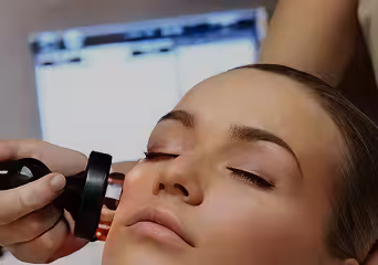 Close-up of a woman receiving a facial treatment with a handheld device near her cheek.