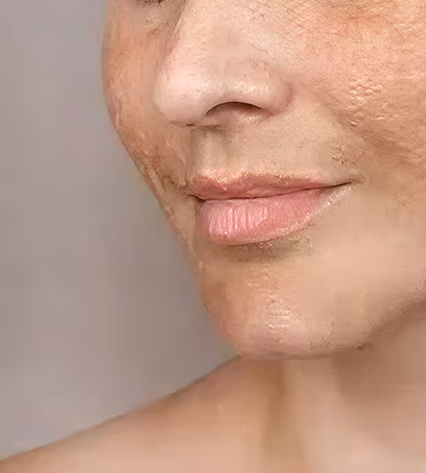 Close-up of a person's lower face with dry, flaky skin and natural pink lips.