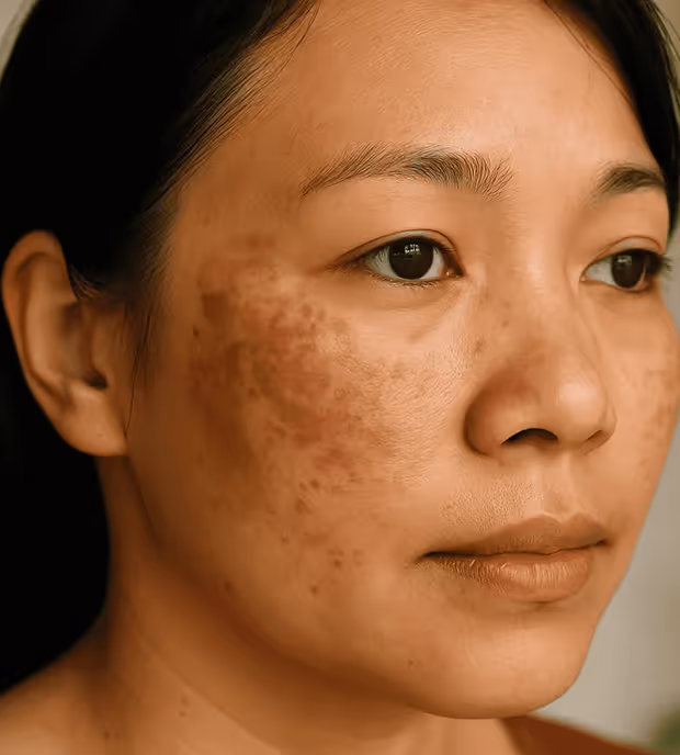 Close-up portrait of an Asian woman with dark hair showing hyperpigmentation on her cheeks.