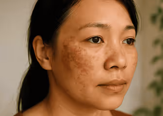 Close-up of a woman with dark hyperpigmentation spots on her cheek, looking contemplative.