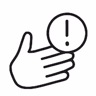 Outline of a hand holding a circle with an exclamation mark inside, symbolizing caution or alert.