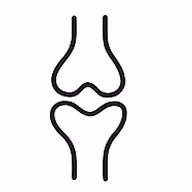 Simple black line drawing of a human knee joint showing the femur and tibia bones.
