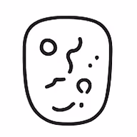 Simple black line drawing of an abstract face with one eye, a curved nose, a mouth, and small dots on a white background.
