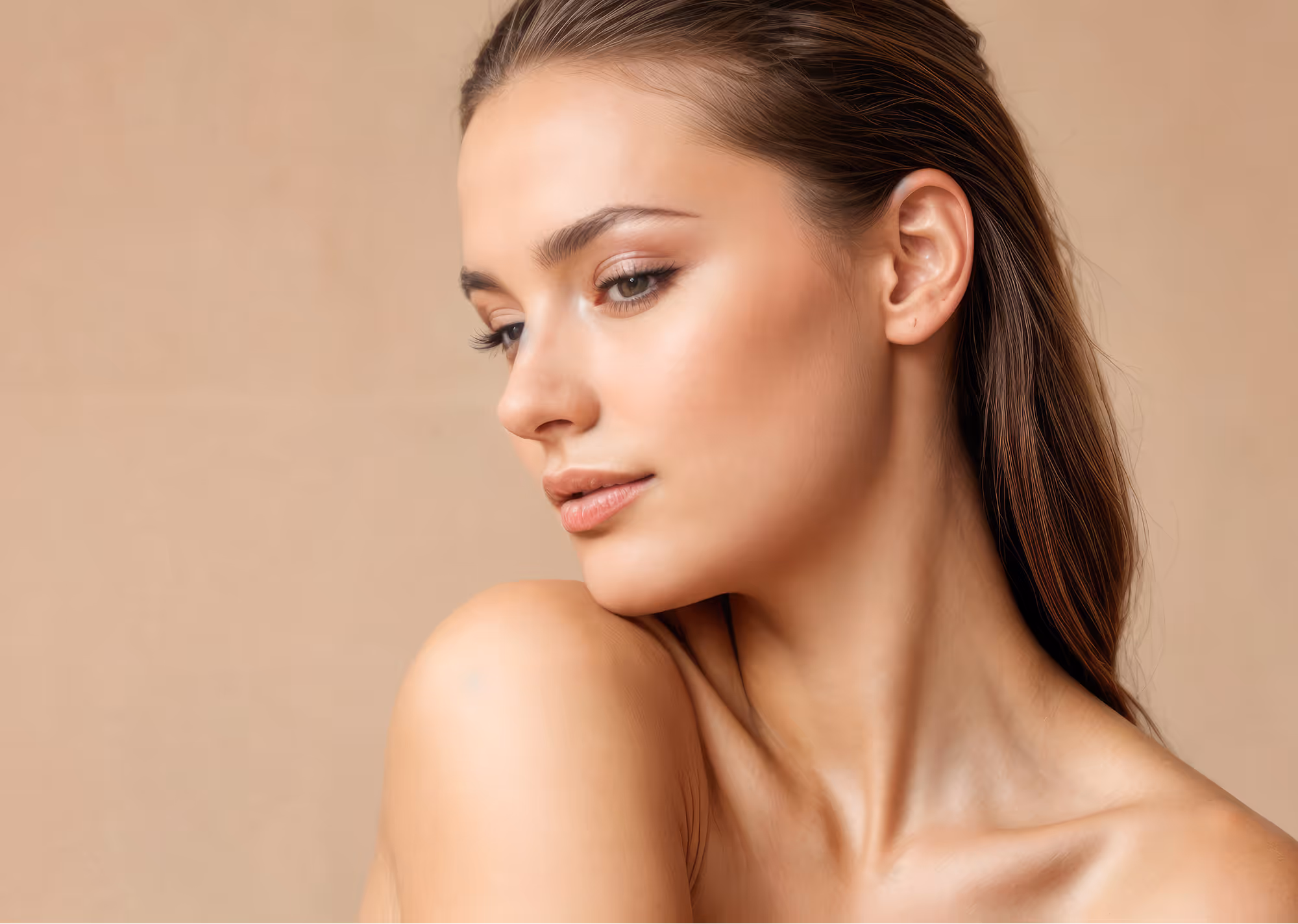 Close-up of a woman with clear skin and brown hair against a beige background.