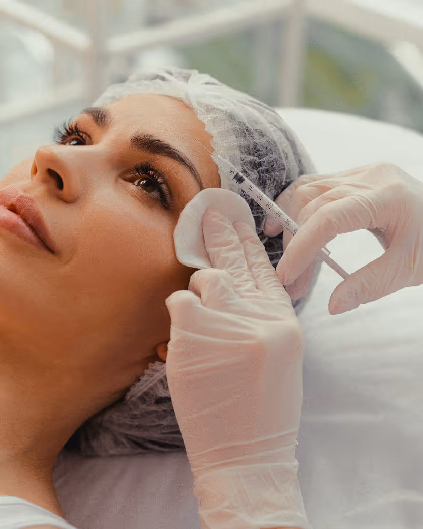 Woman receiving a cosmetic injection near her temple by a gloved medical professional.