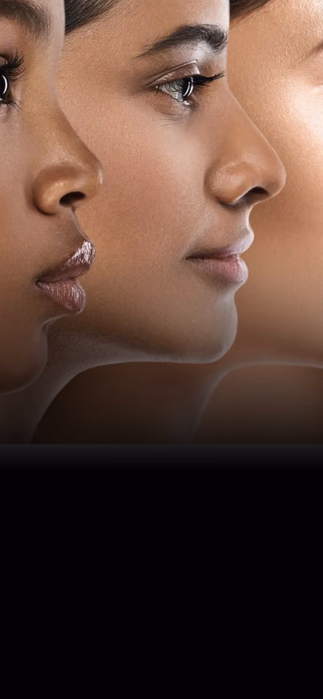 Side profile of three women with different skin tones facing right in close-up.