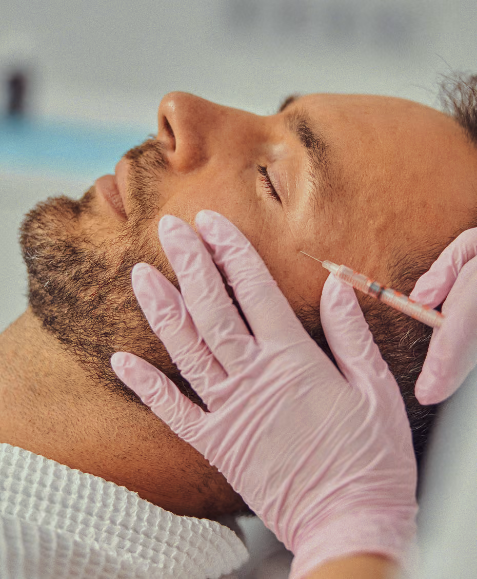 Close-up of a man with closed eyes receiving a facial injection near his temple from a person wearing pink gloves.