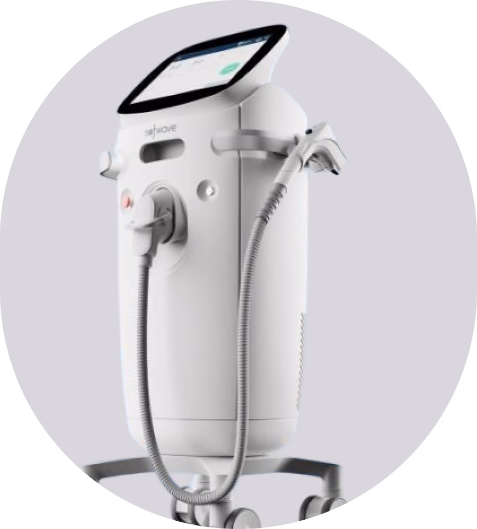 White medical or cosmetic device with a touchscreen on top, a handheld wand connected by a flexible hose, and wheels at the base for mobility.