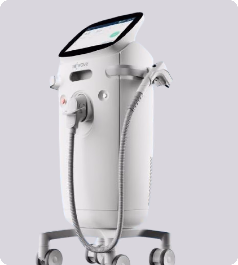 White medical or cosmetic device with a touchscreen on top, a handheld wand connected by a flexible hose, and wheels at the base for mobility.