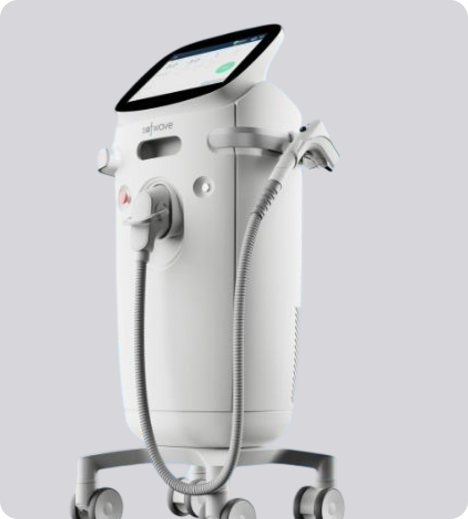 White medical or cosmetic device with a touchscreen on top, a handheld wand connected by a flexible hose, and wheels at the base for mobility.