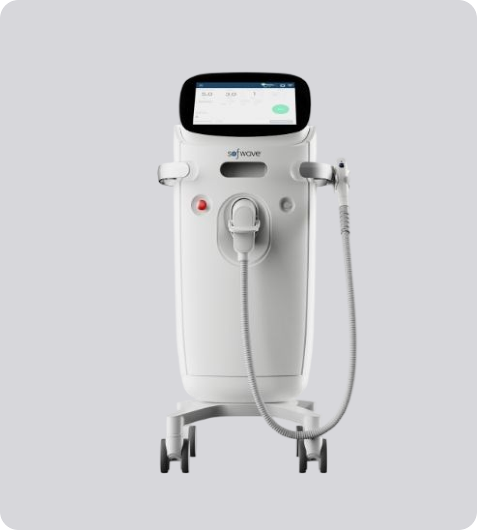 Modern white medical device on wheels with a touchscreen displaying controls and a handheld applicator attached by a flexible cable.