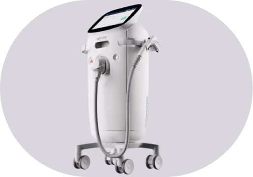White medical or cosmetic device on wheels with a touchscreen display and two attached flexible handpieces.