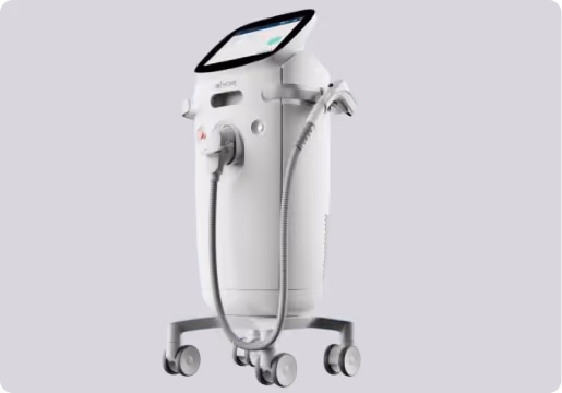 White medical or cosmetic device on wheels with a touchscreen display and two attached flexible handpieces.