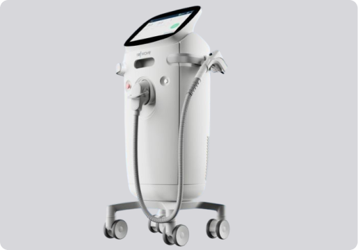 White medical or cosmetic device on wheels with a touchscreen display and two attached flexible handpieces.