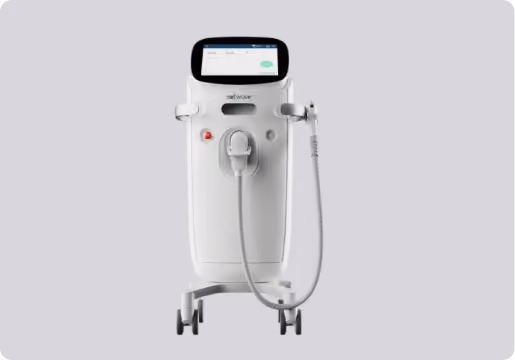 White medical device with a touchscreen display on top, a control button, and an attached handheld applicator with a cord, mounted on four caster wheels.