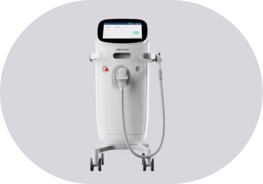 White medical device with a touchscreen display on top, a control button, and an attached handheld applicator with a cord, mounted on four caster wheels.