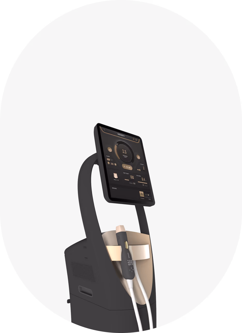 Modern medical device with touchscreen displaying control panel and attached handheld applicators in a beige holder on a gray background.