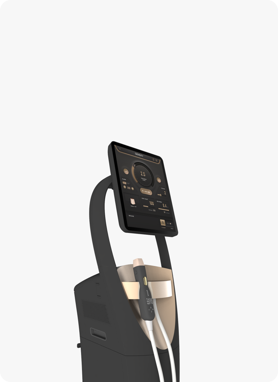 Modern medical device with touchscreen displaying control panel and attached handheld applicators in a beige holder on a gray background.