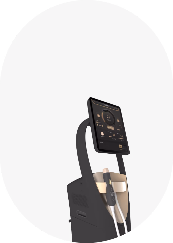 Modern medical or cosmetic device with a touchscreen display mounted on a black stand, featuring two handheld applicators held in a front pocket, set against a plain gray background.