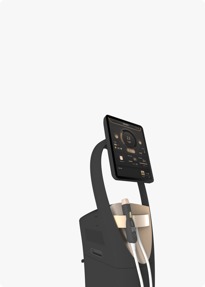 Modern medical or cosmetic device with a touchscreen display mounted on a black stand, featuring two handheld applicators held in a front pocket, set against a plain gray background.
