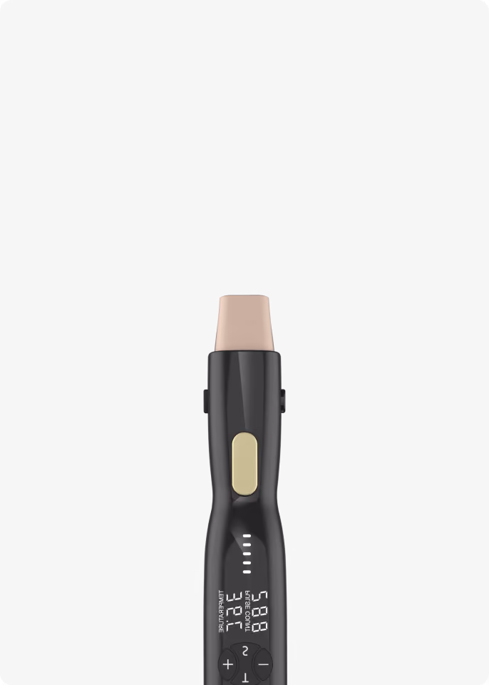 Slim black digital thermometer with a beige tip, a central yellow button, and a display showing temperature and humidity readings.