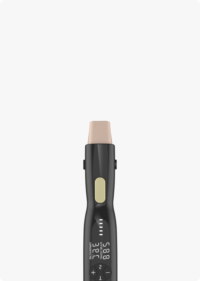 Slim black digital thermometer with a beige tip, a central yellow button, and a display showing temperature and humidity readings.