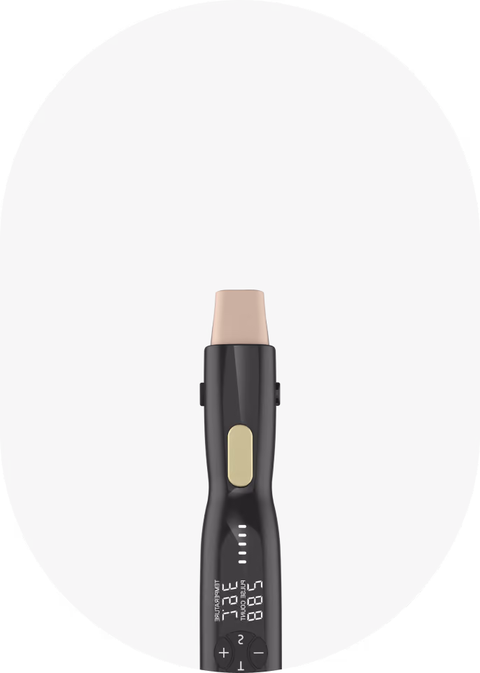 Slim black digital thermometer with a beige tip, a central yellow button, and a display showing temperature and humidity readings.