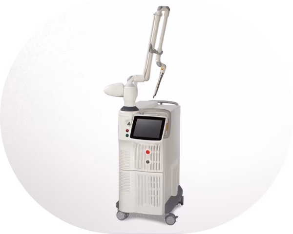 White medical laser machine with a touchscreen display and articulated arm on wheels against a white background.
