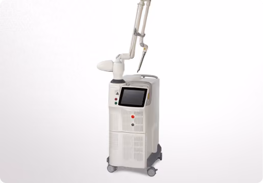 Medical-grade laser machine with a touchscreen and articulated arm on wheels, used for dermatological or cosmetic procedures.