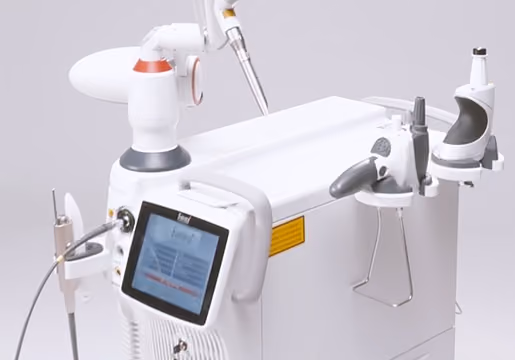 Medical or dental laser equipment with control screen, several attached handheld tools, and white casing on a white background.