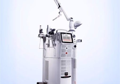 Modern medical laser device with a touchscreen interface and multiple adjustable arms and attachments, designed for precision treatments.