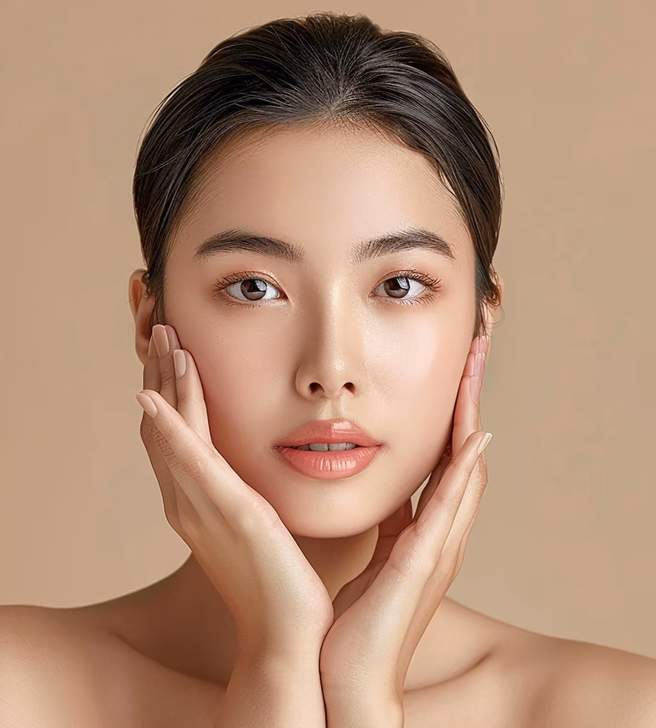 Close-up of a woman with smooth skin, neutral makeup, hands gently framing her face against a beige background.
