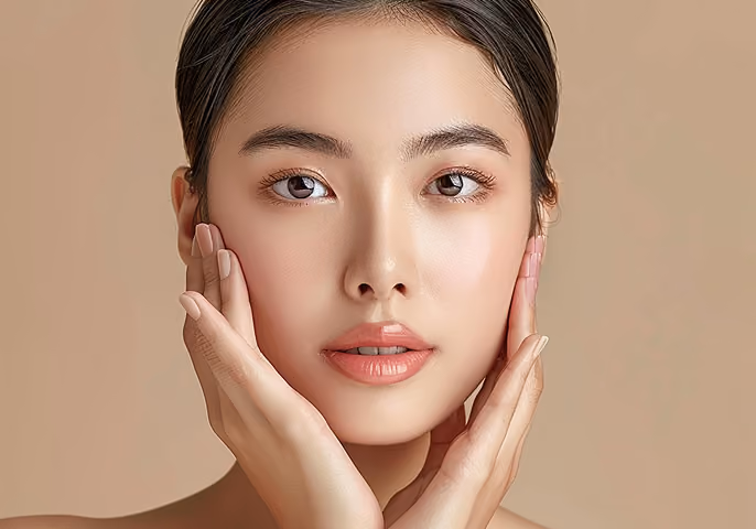 Close-up portrait of a young woman with smooth skin and natural makeup gently touching her face with both hands against a beige background.