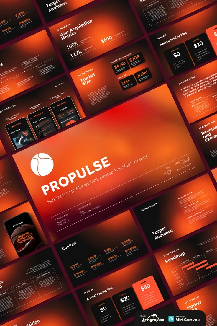 Mockup de interfaz móvil en tonos naranjas del proyecto Propulse