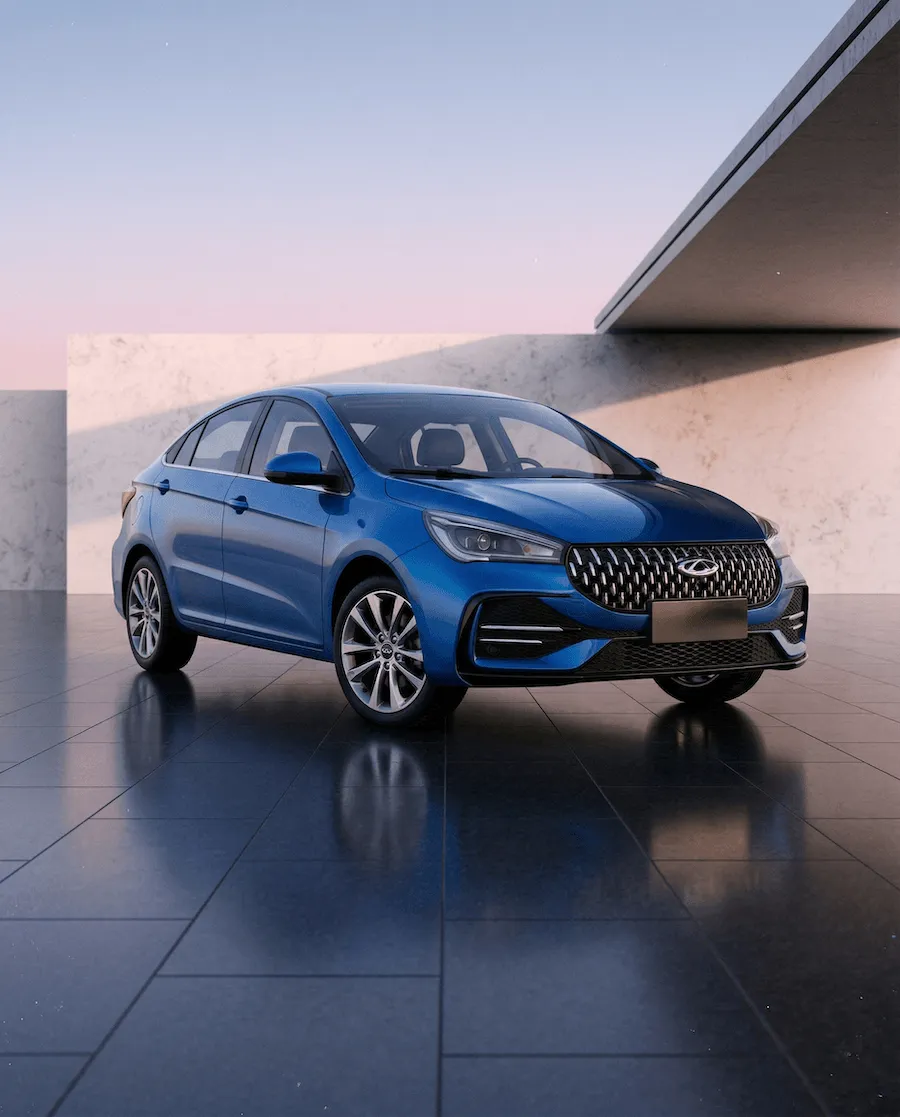 Chery blue sedan side view