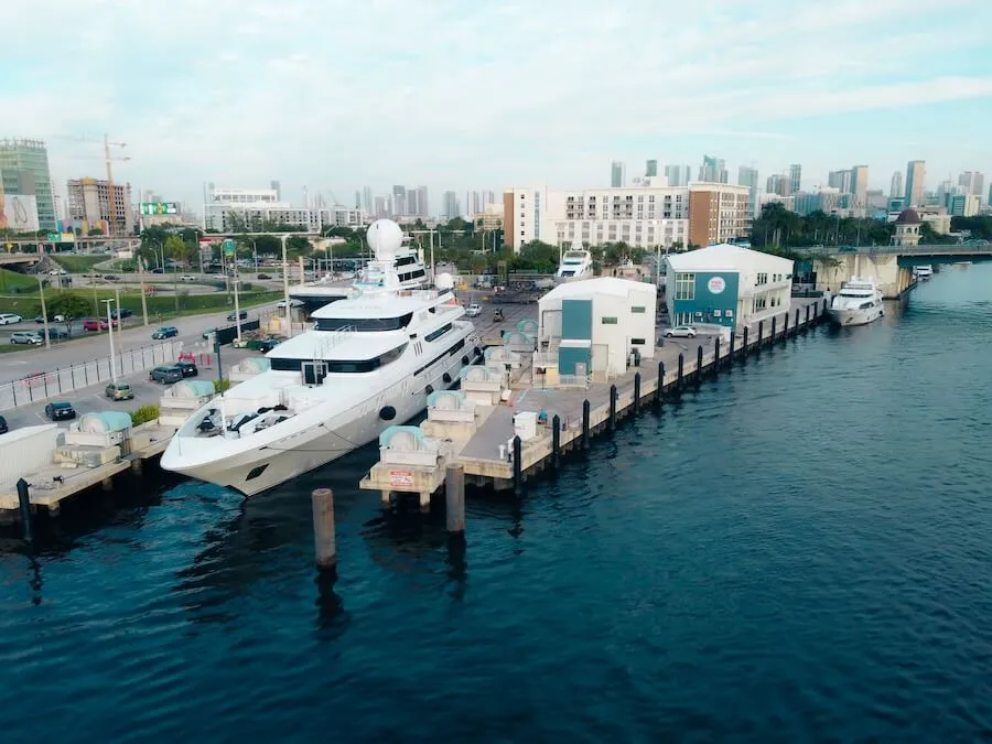 Marina with yachts docked at Merrill-Stevens