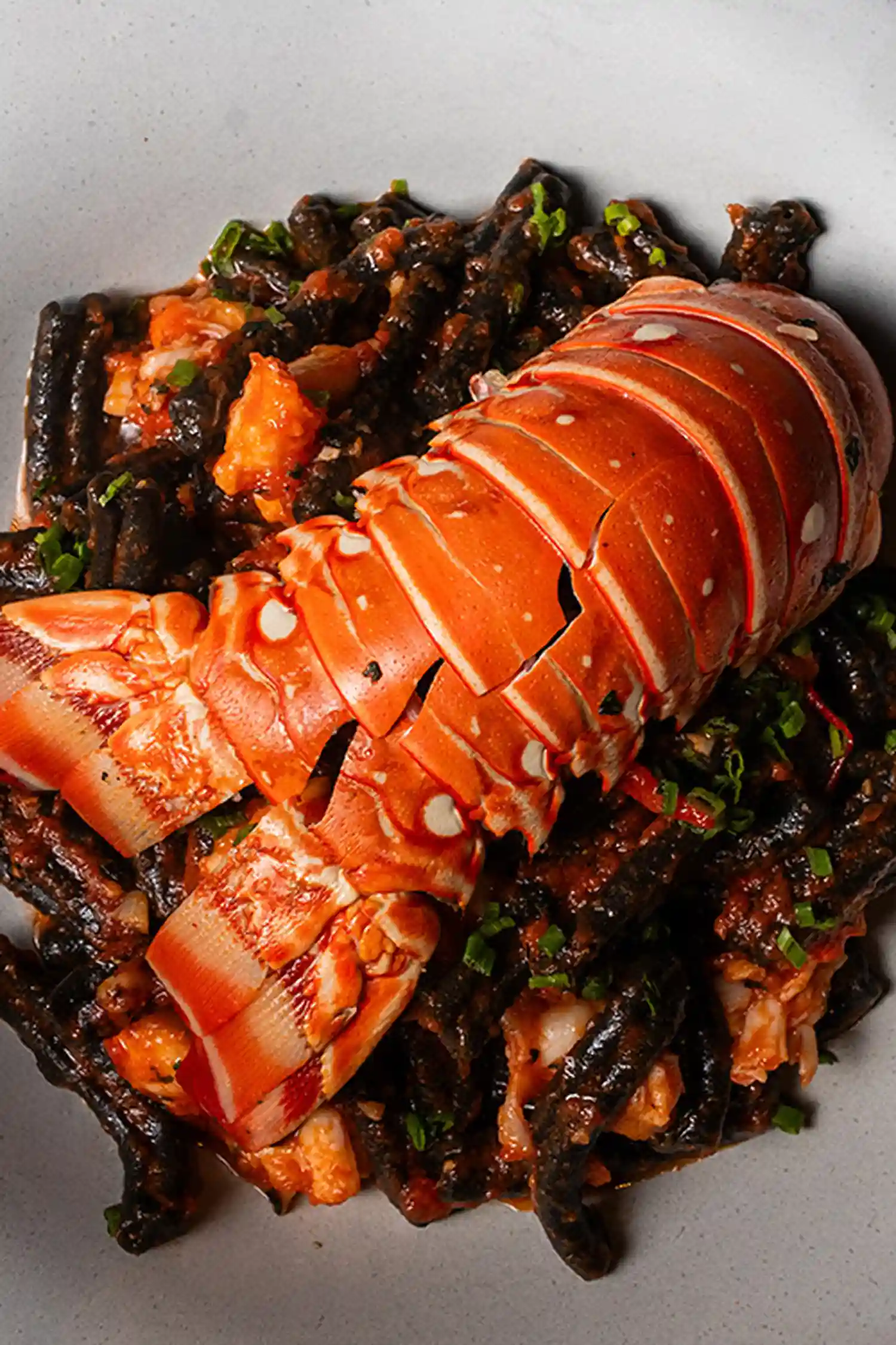Gourmet lobster tail served over black squid ink pasta with a vibrant tomato-based sauce at Ziva Miami