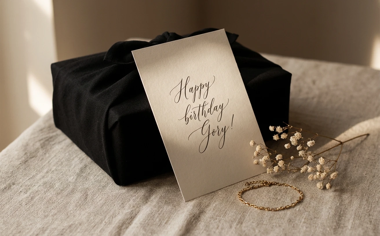 Handwritten gift message card included with a wrapped clothing order