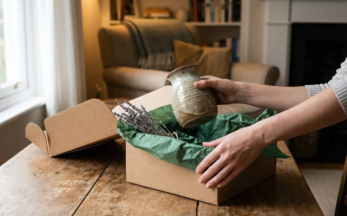 Gift-wrapped home goods with decorative paper and a handwritten card