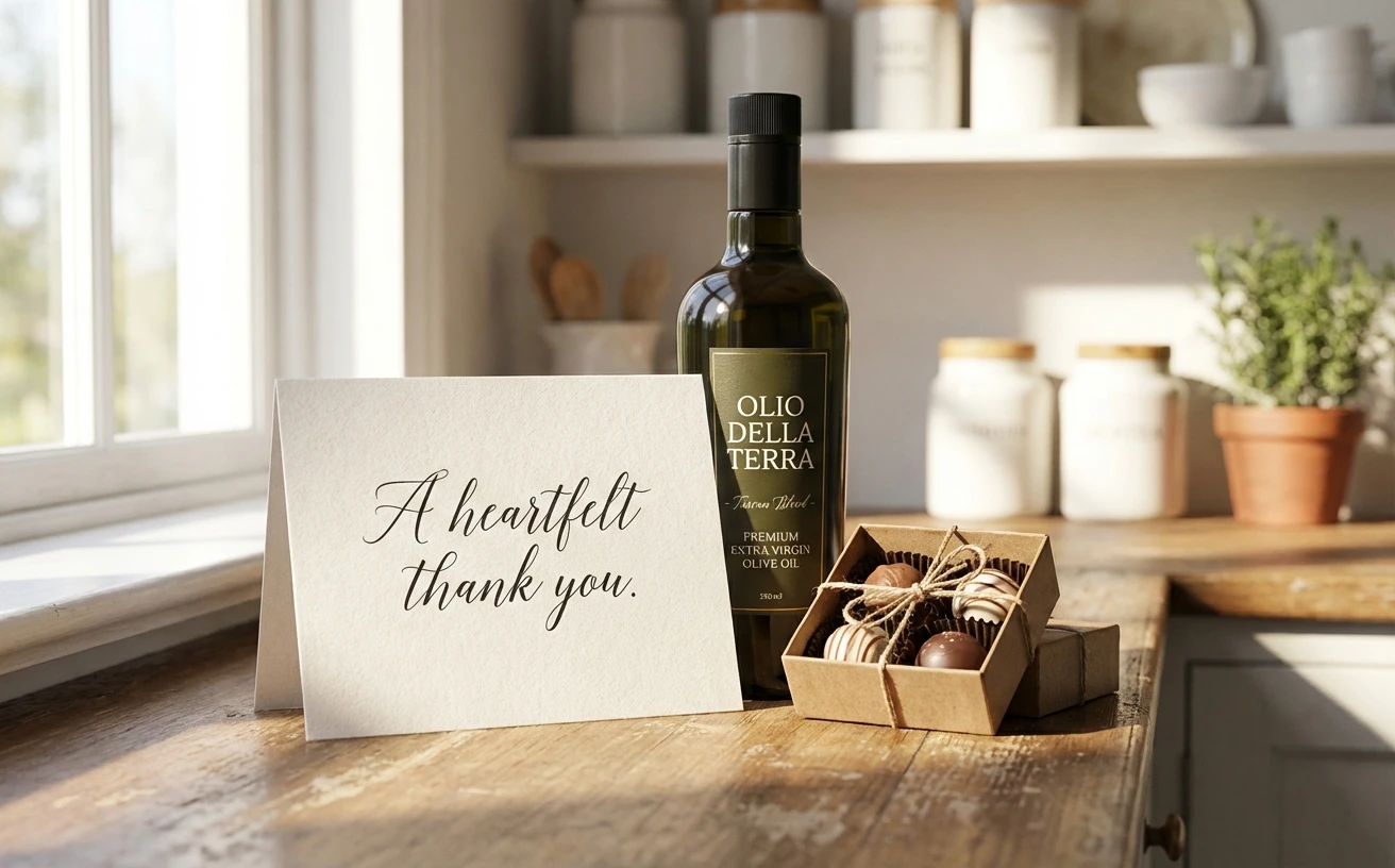 Personal gift message card paired with a wrapped food and beverage gift box