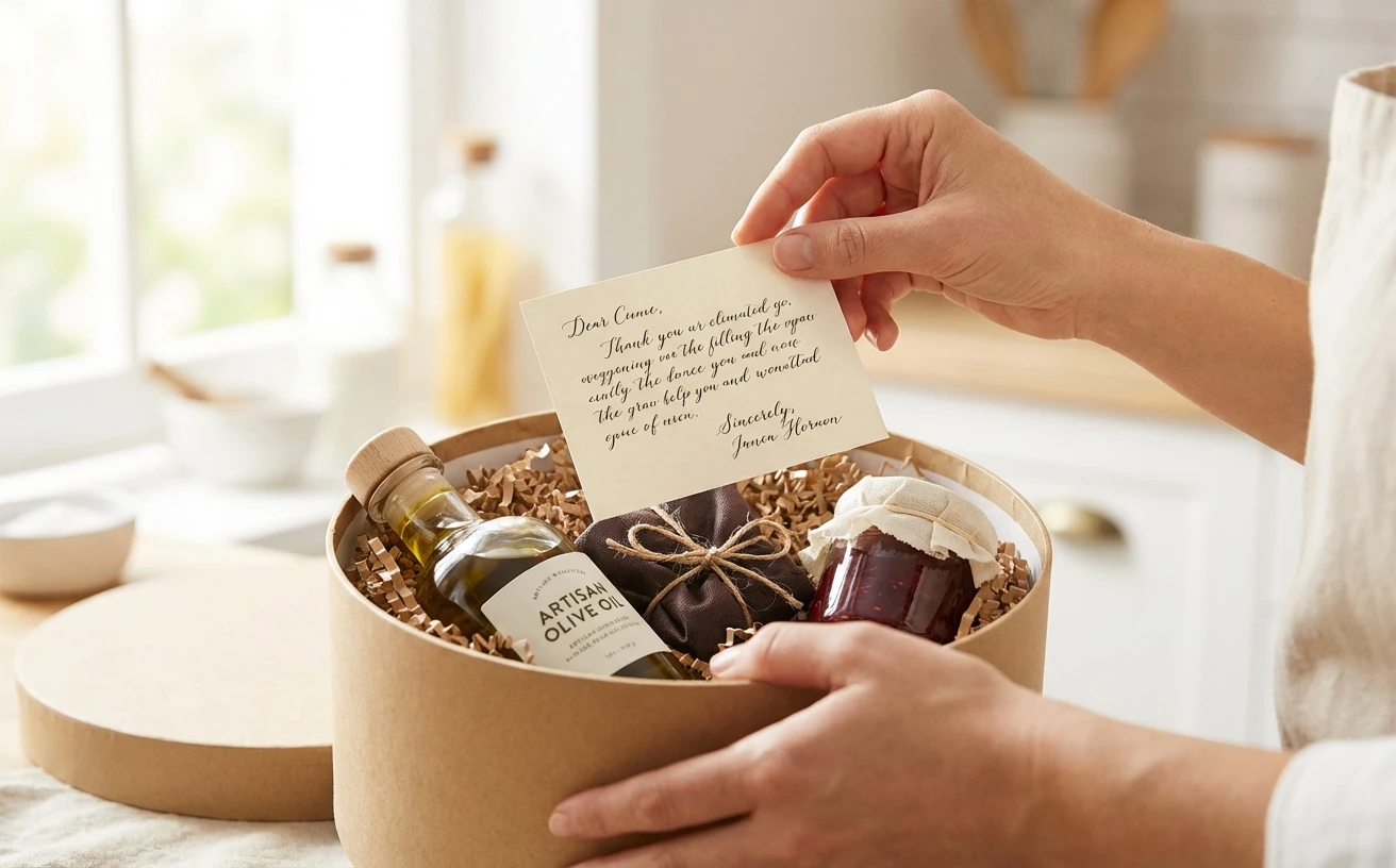 Gift-wrapped gourmet food package with ribbon and a personal note