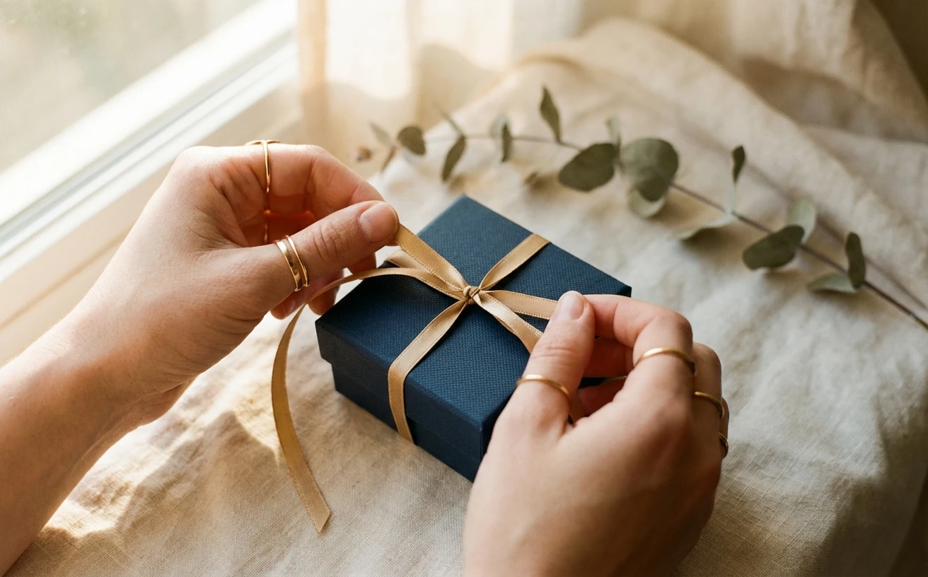 Customer unboxing a gift-wrapped jewelry order with tissue paper and a personal message card